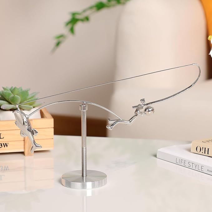 Kinetic Fishing Sculpture,Balance Art for Your Space,The Fisherman Balancing Sculpture,Home Office Decor, Metal Fishing Statue,Gifts for Fishing Lovers