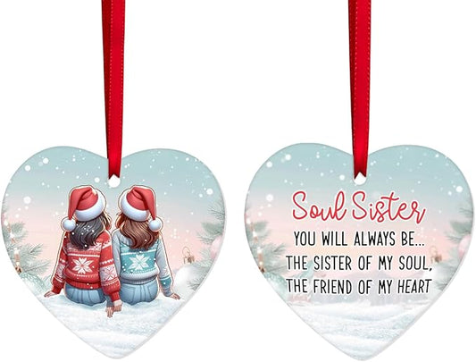 34HD Gifts for Christmas, Sisters Christmas Ornament Heart-Shaped Ceramic 2-Side Printed, Gifts for Best Friends, Besties, Sisters, Christmas Decorations