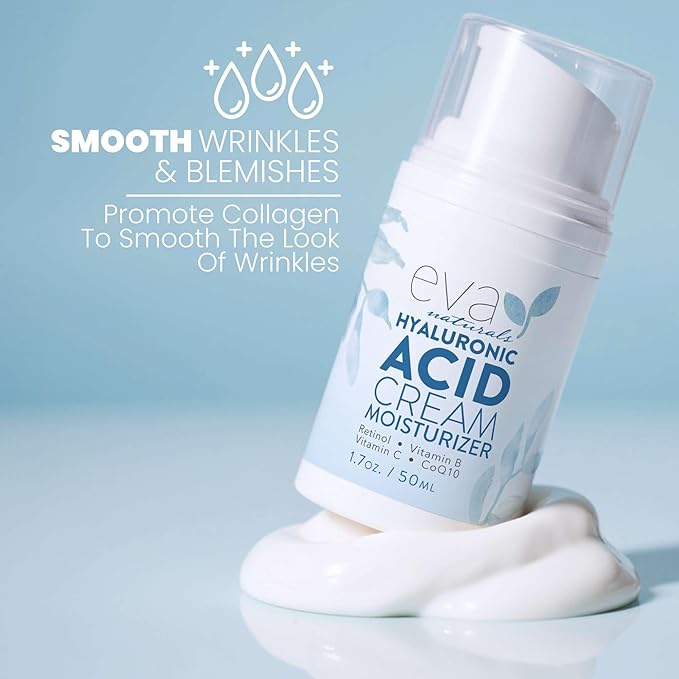 Eva Naturals Hyaluronic Acid Face Cream – Deep Hydration & Firming Moisturizer with Retinol, Vitamin C & Q10 for Anti-Aging, Wrinkle Reduction & Collagen Support – Day & Night Facial Cream - 1.7 Fl Oz