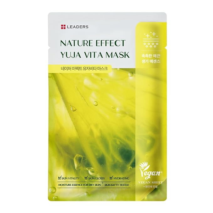 LEADERS Nature Effect Yuja Vita Mask - Helps Hydrate Skin, Serum Content, Vegan Certified - 10 Sheets
