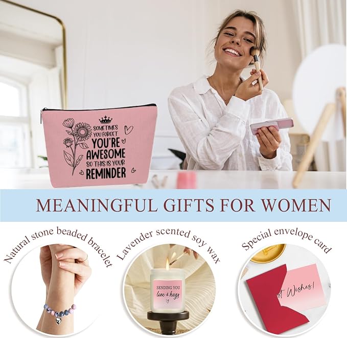 Insparational Birthday Gifts for Women, Thank You Appreciation Friendship Self Care Gifts for Women, Girls Grandma Friends Girlfriend Christmas Wine Tumbler Makeup Bag Scented Candle Bracelet Set