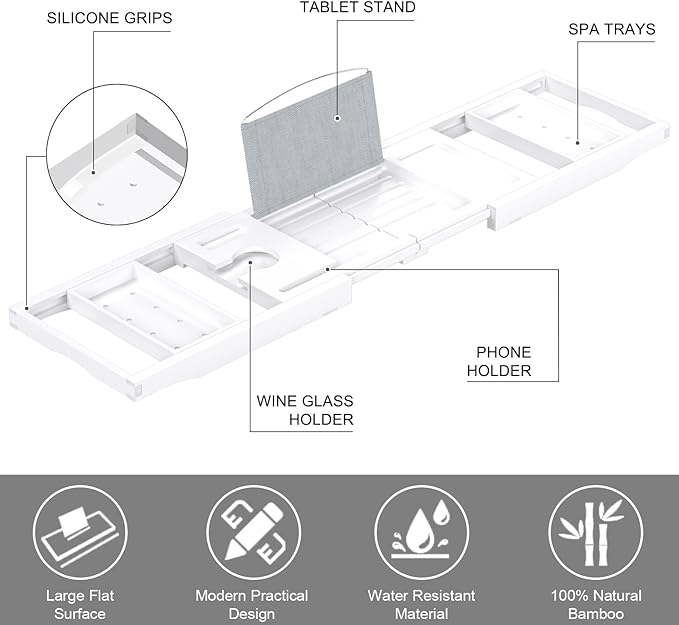 Bathtub Tray Caddy, Expandable Bath Trays for Tub, Bamboo Shelf & Table with Wine Glass Holder,Bathroom Accessories for New Home & Mothers Day & Birthday Gifts for Mom,White