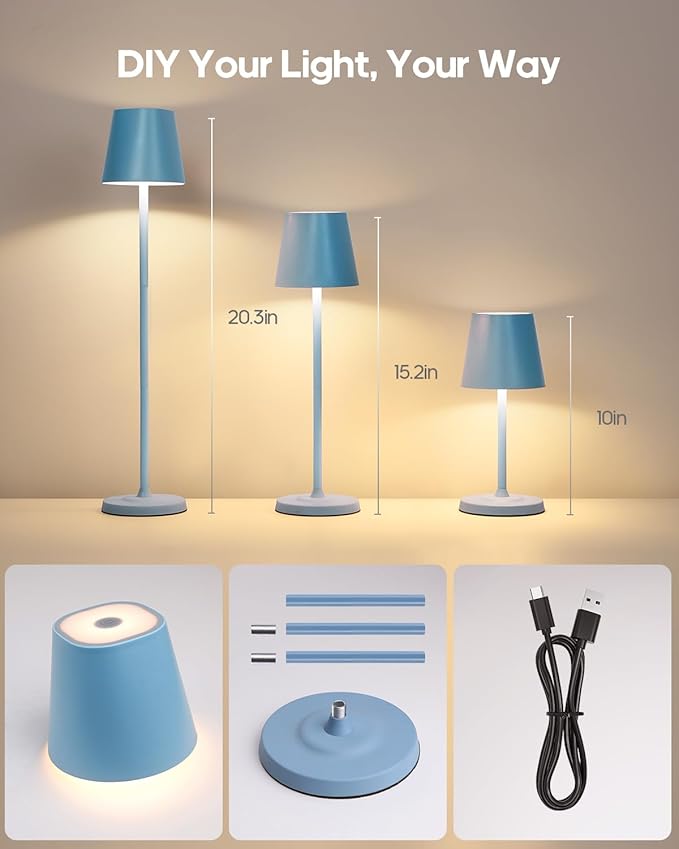LED Cordless Table Lamp Rechargeable, 3-Height Adjustable, 5500mAh Battery Operated Lamp, 3-Color Dimming Touch Lamp, Portable Lamp for Dining, Bedroom,Camping, Outdoor, Indoor(Blue 1 Pc)