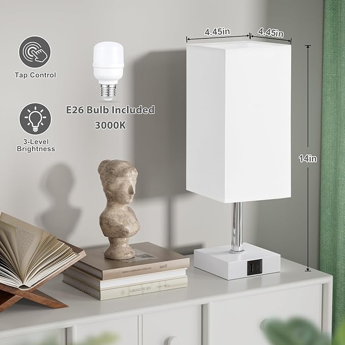 Ambimall Touch Control Table Lamp with USB A+C Charging Ports - 3 Way Touch Lamps Bedside, Nightstand Lamp for Bedrooms Living Room Nursery, LED Bulb Included(White Shade)