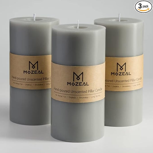 MOZEAL 3" x 6" Hand-Poured Unscented Candle,Dripless Pillar Candle Set of 3,Long Lasting Burning,Approx 120 Hours Burn Time,Rustic Country Style,for Wedding,Dinner,Christmas and Home Decor,Gray