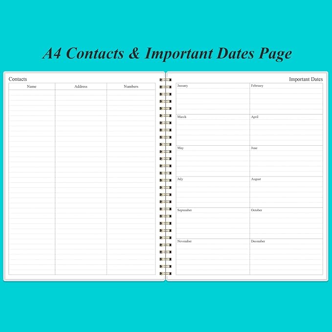 Daily Planner Undated - 8.5" x 11" To Do List Notebook Hourly Schedules, 150 Sheets/300 Pages Spiral Appointment Planner for Women and Men,PVC Hardcover, Inner Pocket, Elastic Closure, Teal Flowers