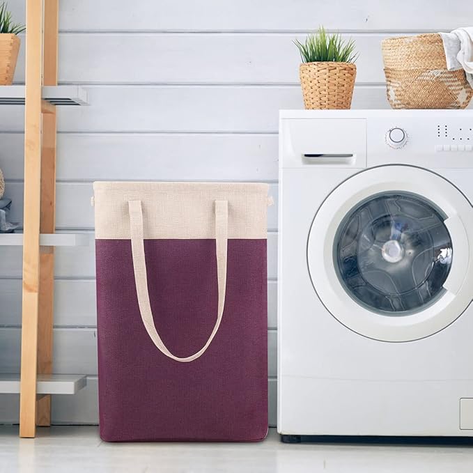 i BKGOO Laundry Basket with Handles Beige&Burgundy Slim Laundry Bin Collapsible Dirty Clothes Basket Narrow Laundry Bag Foldable Dirty Hamper for Camping, Dorms, Apartments