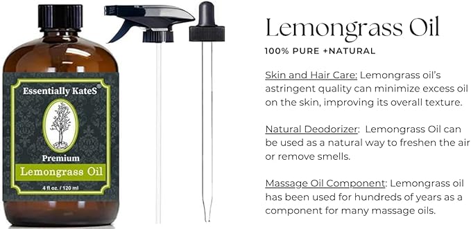 Lemongrass Essential Oil 4 Fl Oz with Dropper and Sprayer - 100% Pure and Natural - Hair Care, Home Diffusers, Skin Care, Aromatherapy, Massage and Humidifiers, and Garden Care