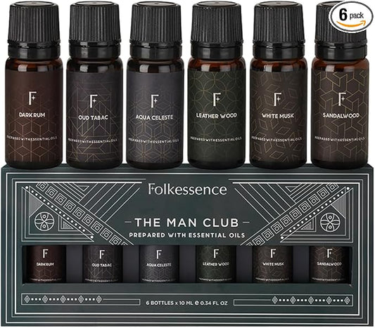 Folkulture Essential Oils Set for Men | Set of 6 (0.34 Fl Oz or 60ml) Diffuser Oils for Home | Oud Tabac, Sandalwood, Leather Wood | Fragrance Oil