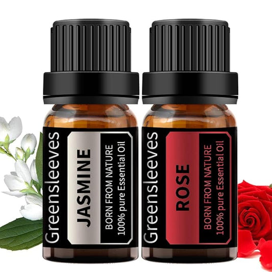 GREENSLEEVES Rose Jasmine Essential Oil Set, 2 x 10ml Pure Plant-Based Fragrance Oil for Aromatherapy, Essential Oils for Diffuser, Massage, Bath Bomb, Scented Candle Soap Making