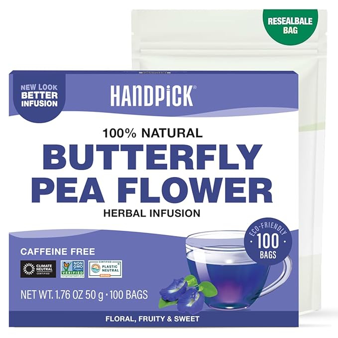 HANDPICK, Butterfly Pea Flower Tea (100 Herbal Tea Bags) | Caffeine Free, Non GMO | Premium Dried Butterfly Pea Flowers For Blue & Purple Drinks, Food Coloring | Iced Teas, Coolers, Cocktails