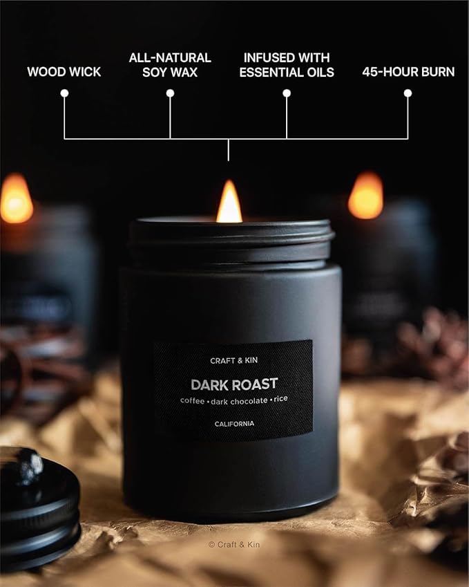Craft & Kin Premium Dark Roast Coffee Candle | Black Fall Scented Candles for Home | Long Lasting with 45 Hour Burn Time, 7.6oz | Made with Soy Fall Candles | Aromatherapy at Home | Gifts for Men