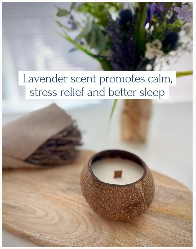Eco-Friendly Lavender Coconut Shell Candle – 100% Natural Coconut & Soy Wax, Wooden Wick, Hand-Poured, 6oz, Sustainable Handmade Gift