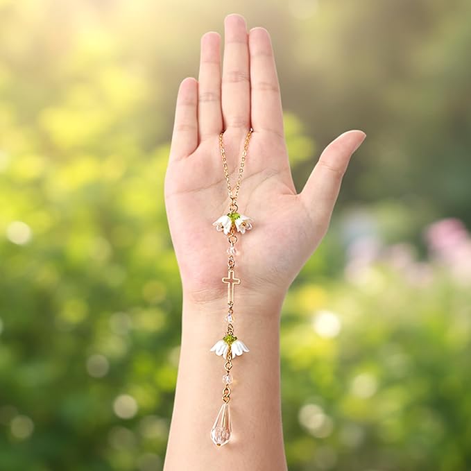 Cross Crystal Car Rearview Mirror Charm - Lily of The Valley Flower Beaded Pendant, Elegant Hanging Cars Interior Decor Ornament & Accessories, for Women Mom