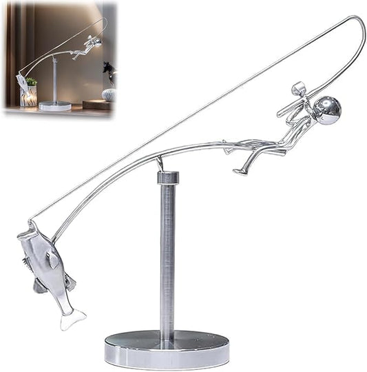 Kinetic Fishing Sculpture - Balance Art for Your Space, Fisherman Kinetic Balancing Desk Toy Fishing Physics Sculpture for Home Office Art Deco, Stainless Steel Balance Physics Toy 1PCS