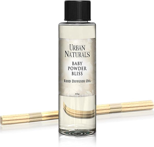 Urban Naturals Reed Diffuser Oil Refill, Baby Powder Bliss Diffuser Oils with Rose, Geranium, Cedar, 4 oz + Free Reed Sticks, Made in The USA
