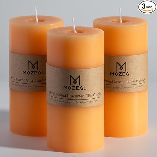 MOZEAL 3" x 6" Hand-Poured Unscented Candle, Dripless Pillar Candle Set of 3, Long Lasting Burning, Approx 120 Hours Burn Time, Rustic Country Style, for Summer Soirees, Peachy Atmosphere, Peach Fuzz