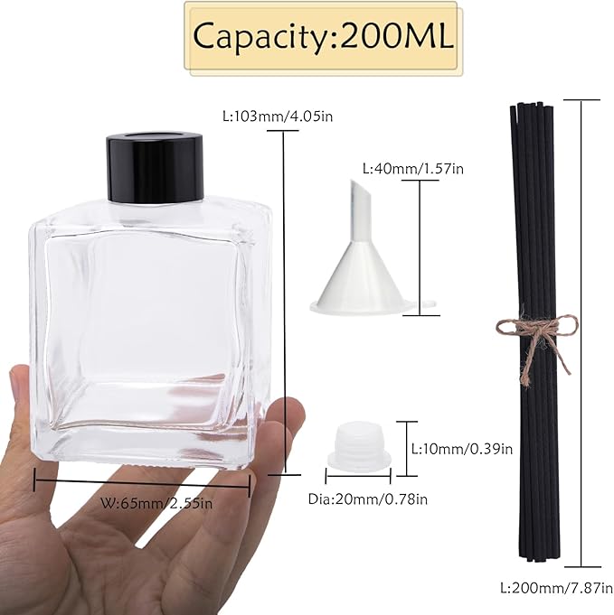 4PCS Glass Diffuser Bottles, Refillable Square Shape With 20pcs Reeds Sticks, Black Caps & Funnel, 4.05" High 200ml 7.05 fl oz. Jars for Home Oil Fragrance Decoration
