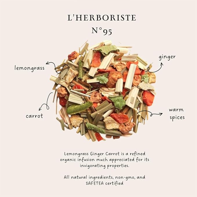 Palais des Thés - Organic L'Herboriste N°95 - Herbal Tea with Lemongrass, Ginger & Carrot - Premium Tea Bags, Serves 20 Cups