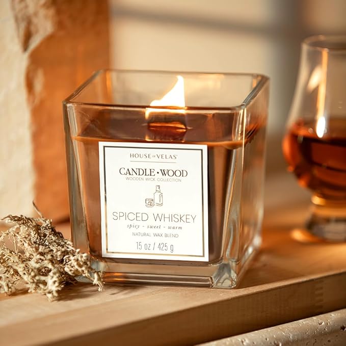 Candle Wood Collection, 15 oz, 1 Wooden Wick, Spiced Whiskey, Square Glass Jar Candle