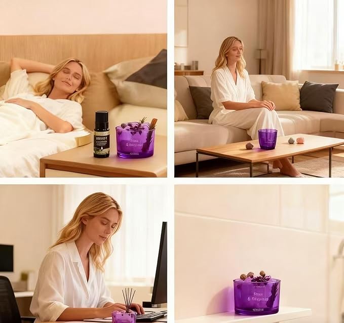 Stone Essential Oil Diffuser Set | Non Electric, Cordless & Waterless Passive Aromatherapy Diffuser with Creative Cup & Mini Plant | for Home, Office Desk, Meditation & Relaxation in Purpl