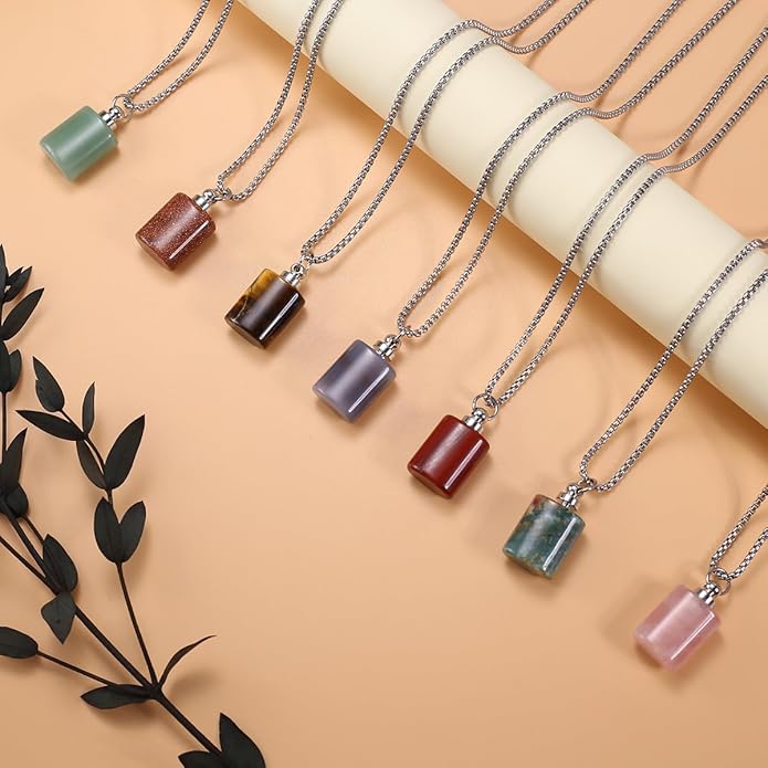 2PCS Natural Stone Perfume Bottle Pendant Necklace Rose Quartz Agate Link Chain Healing Crystals Stone Charms Necklaces For Women