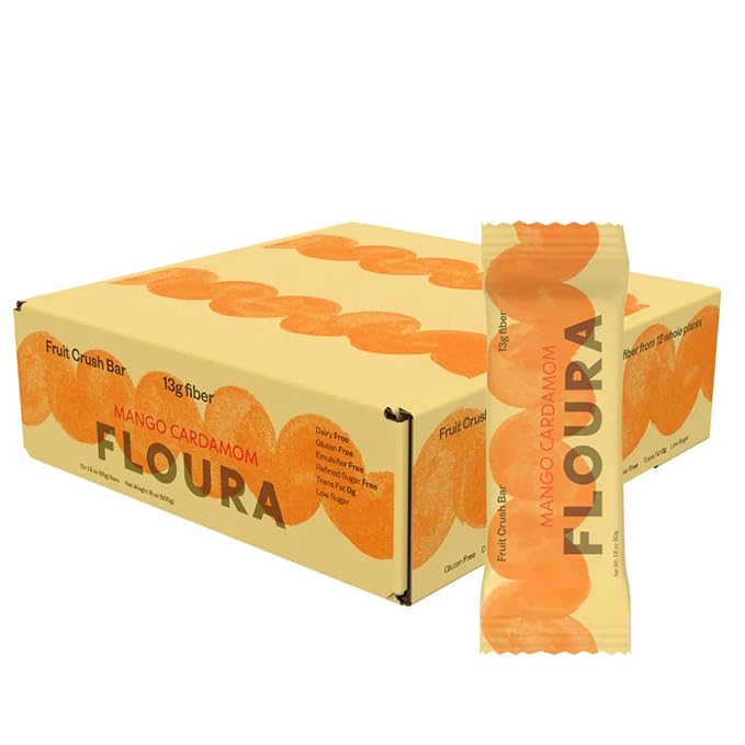Floura Mango Cardamom Fruit-Forward Fiber Bars– High Fiber, Vegan, Gluten & Dairy Free, Low Calorie Healthy Snack Bars with Upcycled Produce for Gut Health [10 Pack]