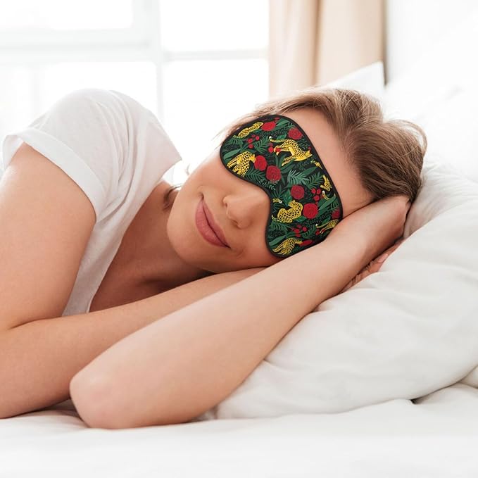 Leopard Tropical Palm Rose Sleep Mask - Soft Comfort Eye Shade - Blackout Eye Cover for Deep Rest Travel Nap Meditation