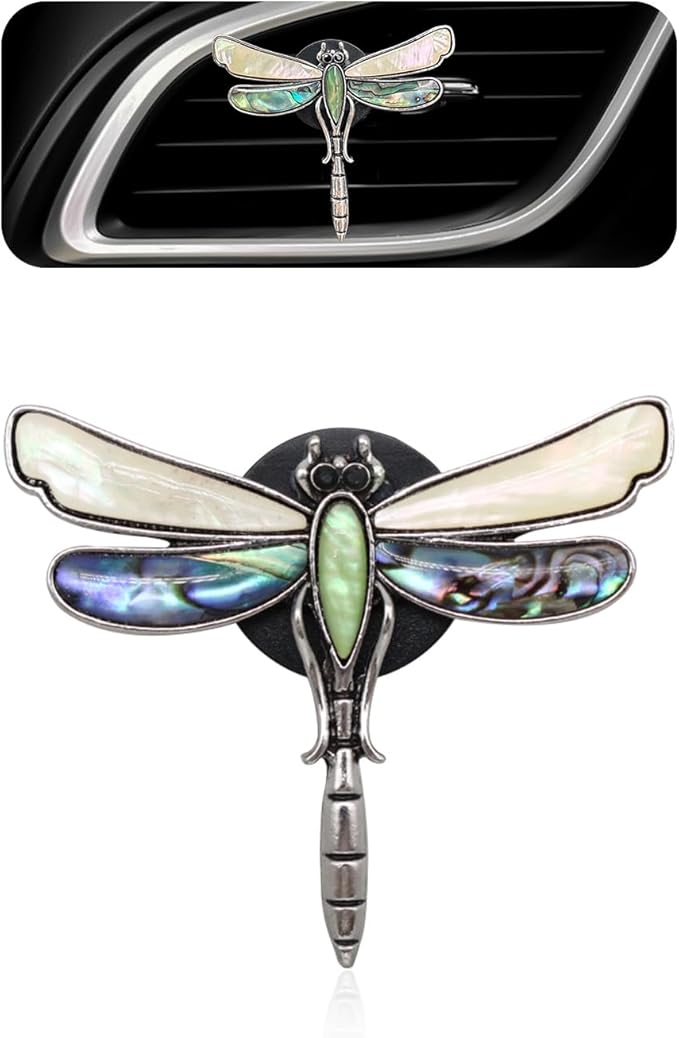 Dragonfly Car Decor,Cute Car Air Freshener Vent Clip,Iridescent Abalone Shell Dashboard Decoration Gift for Women Teens,Refillable Diffuser(Beige)