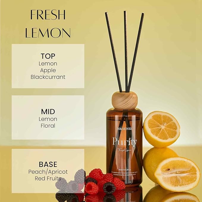 M&SENSE Fresh Lemon Reed Diffuser: 6.3 fl oz Non-Toxic Aroma Set with Sticks, Light & Subtle Fragrance, Long-Lasting Natural Essential Oil Gifts for Bedroom, Shelf Decor & Small Spaces