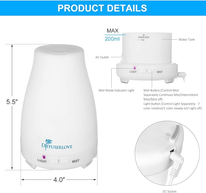 Diffuserlove Diffuser 2 Pack Essential Oil Diffuser 200ML Remote Control Ultrasonic Aromatherapy Diffuser Mist Humidifiers for Bedroom Office Yoga