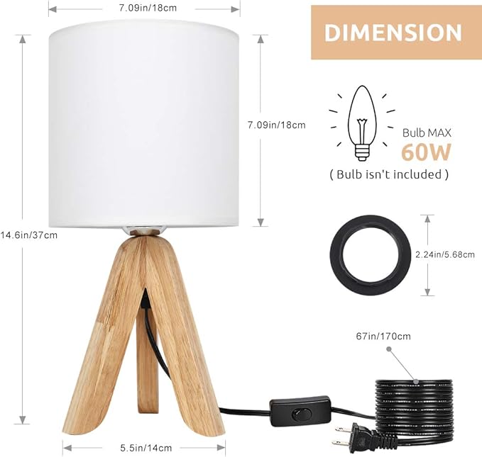 HAITRAL Small Bedside Table Lamp - Wooden Tripod Nightstand Lamp for Bedroom, Living Room, Office, Farmhouse, Home with Fabric Shade, White