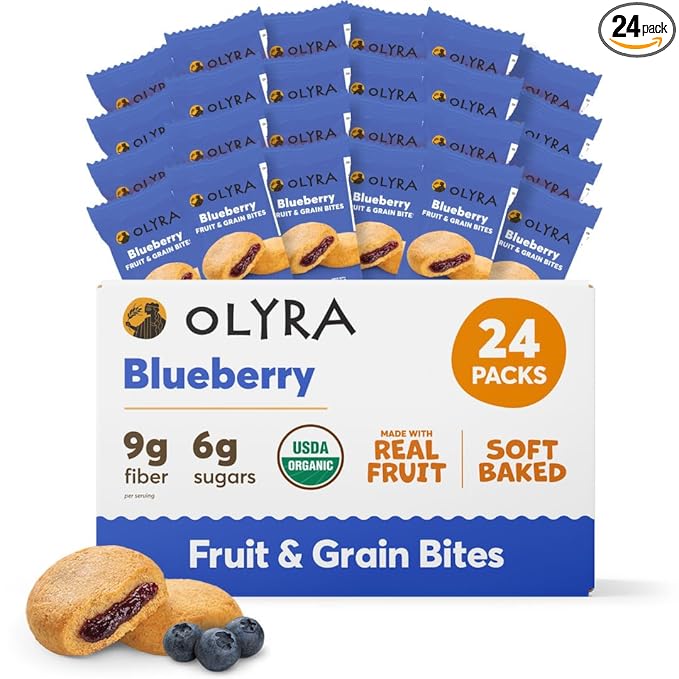 Olyra Blueberry Fruit Bars, Prebiotic High Fiber Snack, Organic Snack, Healthy Snacks for Adults and Kids, Low Sugar, Vegan, Office Breakfast Bars, USDA Certified Organic, Non GMO (Pack of 24)