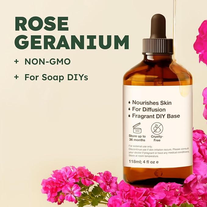 KUKKA Rose Geranium Essential Oils - 4 Fl Oz - for Hair, Skin, Diffuser, Aromatherapy & DIY Soap Making Scent