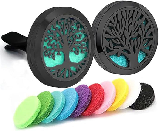 2Psc Black Car Aromatherapy Essential Oil Diffuser Locket Tree of Life Pattern Stainless Steel Car Air Fresheners Vent Clips Decorative