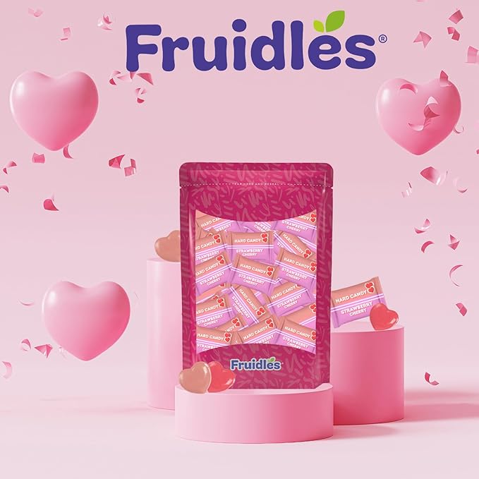 Fruidles Cherry & Strawberry Hearts Candy, Purple & Pink Heart Shaped Hard Candy Sucker Individually Wrapped in Foil, Made in Brazil (Half-Pound)