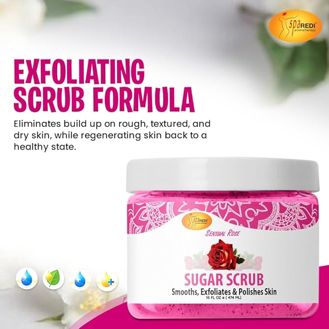SPA REDI – Sugar Body Scrub, Sensual Rose, 16 Oz, Exfoliating, Moisturizing, Hydrating and Nourishing, Glow, Polish, Smooth and Fresh Skin - Body Exfoliator
