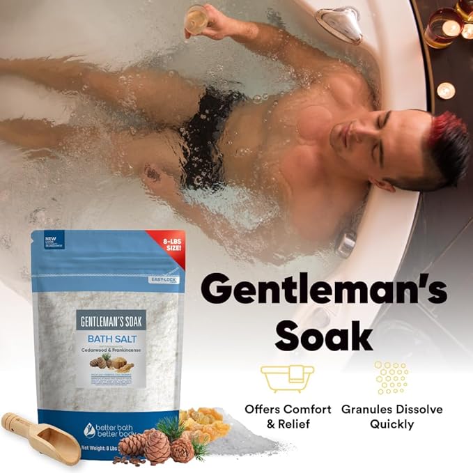 Gentleman's Bath Salt 128 Ounces Epsom Salt with Natural Cedarwood, Frankincense, Eucalyptus and Peppermint Essential Oils Plus Vitamin C in BPA Free Pouch with Easy Press-Lock Seal