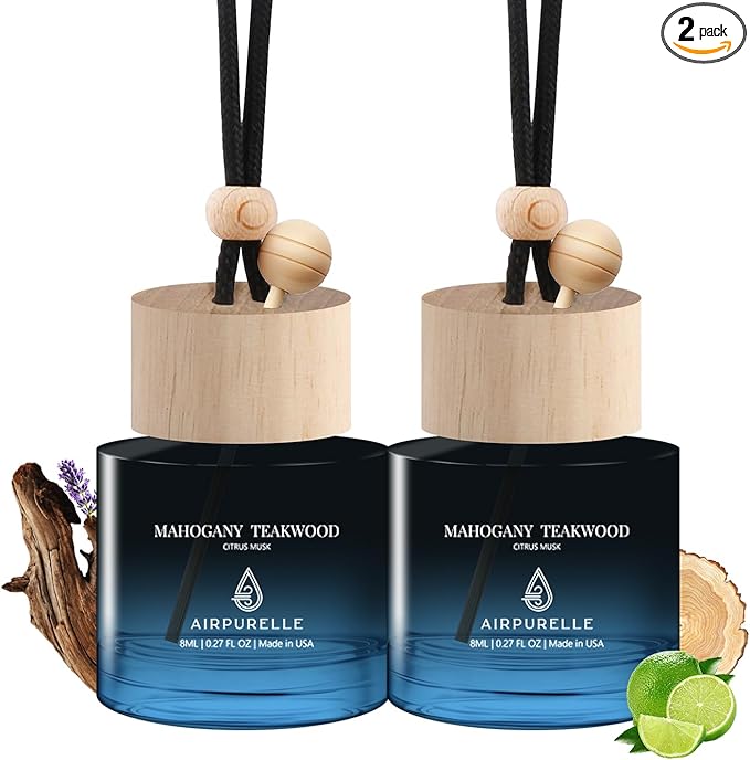 Car Air Freshener Hanging 2 Pack Car Air Fresheners Diffuser - Mahogany Teakwood Fragrance Oil Air Diffuser for Car, 45+ days Long Lasting Fragrance, Two 0.27 FL OZ/8ML Made in USA Car Air Fresheners