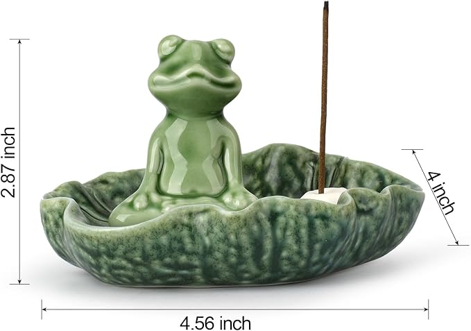 Incense Holder, Handmade Ceramic Frog Incense Burner, 4.5 Inch Insence-Stick Holder Ash Catcher, for Meditation Yoga Incense Burning Fragrance Decoration Household (Dark Green)