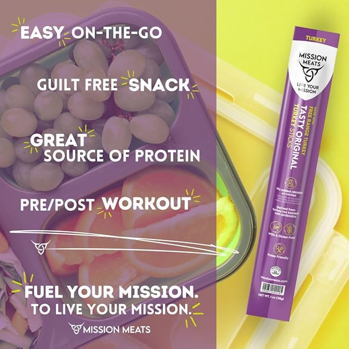 Mission Meats Turkey Sticks – 100% Free Range, Zero Sugar, Healthy Snacks, 9g Protein, Individually Wrapped Jerky Meat Sticks, Paleo & Whole 30 Friendly, 1oz (24ct)