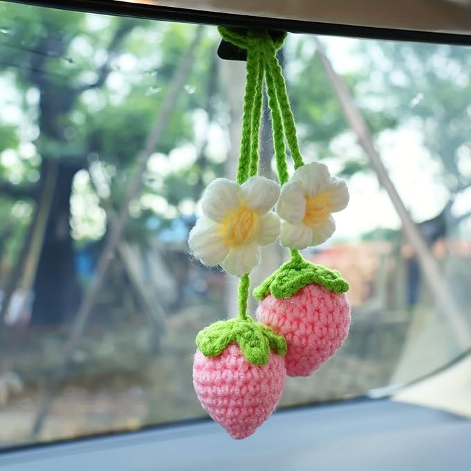 2 Pcs Strawberry Mirror Hanging Pendants, Kawaii Crochet Handmade Polyester Fiber Car Accessories for Women, Cute Car Decor Charm for Rearview Mirror,Decorations Gifts for Her