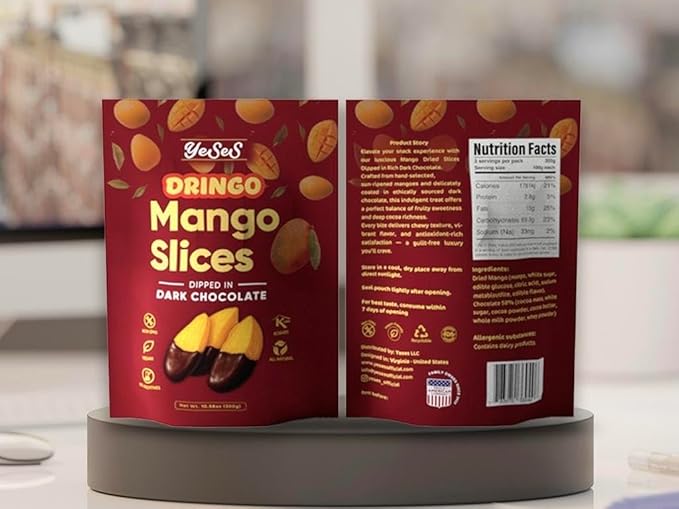 YeSeS Dringo Mango Slices Dipped in Dark Chocolate – Premium Dried Mango Snack, Non-GMO, Vegan, Kosher, All-Natural, No Additives, 10.58 oz (300g) Resealable Bag (2 Pack)