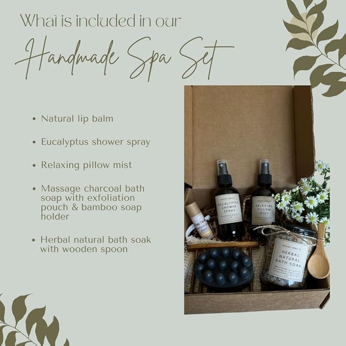 Handmade Spa Set, Natural Self-Care Essentials, Relaxing Gift Sets for Her,Gifts for Women, herbal natural bath soak, natural lip balm,relaxing pillow mist, Eucalyptus shower spray, Charcoal Soap Bar