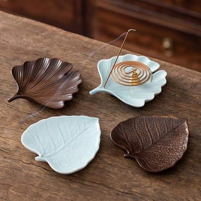 2-Style Ceramic Incense Burner, Bodhi&Ginkgo Leaf Design, Ceramic Incense Holder for Sticks with Ash Catcher&Built-in Stand, Zen Meaning Decor for Home, Office&Yoga/Sage/Cone(Brown and White)