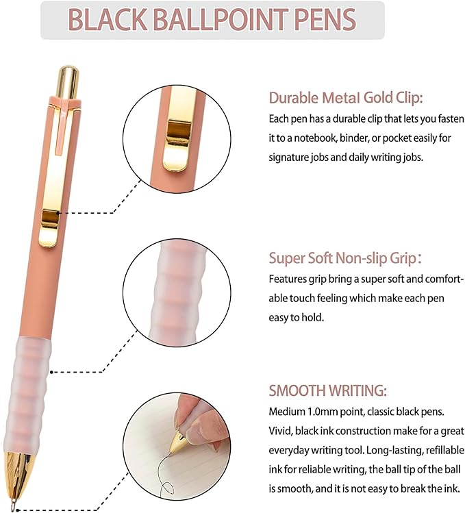 Linbsunne Ballpoint Pens Black Medium Point 1mm with Super Soft Grip Ball Point Pen for Men Women Retractable(gold-18 pcs)