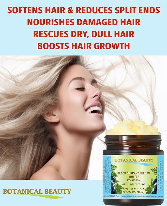 Botanical Beauty BLACK CURRANT SEED OIL BUTTER 100% Pure Natural VIRGIN UNREFINED Cold-Pressed for Face, Skin, Body, Hair, Lip, Nails. Rich in Gamma-Linolenic Acid, Vitamin E (4 Fl Oz)