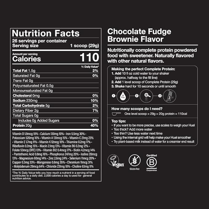 Huel Vegan Protein Powder | Chocolate Fudge Brownie | Complete Nutrition | 20g Protein Powder | 100% Plant-Based | 27 Vitamins & Minerals, Gluten Free, Non-GMO, Lactose Free | 26 Servings