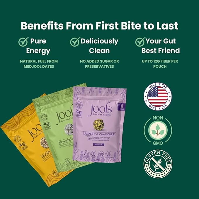 Jools Medjool Date Snack Bites Variety Pack - Ashwagandha & Maca, Ginger & Turmeric, Chamomile & Lavender - Plant-Based, Gluten-Free - Clean Energy Snacks with Superfoods, No Added Sugar - 3 Pack