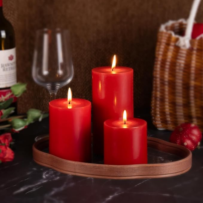 KONNI Red Pillar Candles Set of 3, 3"x 3" Unscented Pillar Candles Bulk, 30 Hours Long Burning Candles, Smokeless and Dripless Large Round Candle for Wedding, Home Decoration, Parties, Spas, Dinner